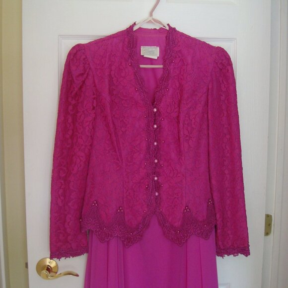 Zacks Sz 13-14 Fuschia 2 Piece Dress Vintage 80s Skirt Jacket Suit Lace & Pearls - Picture 2 of 11